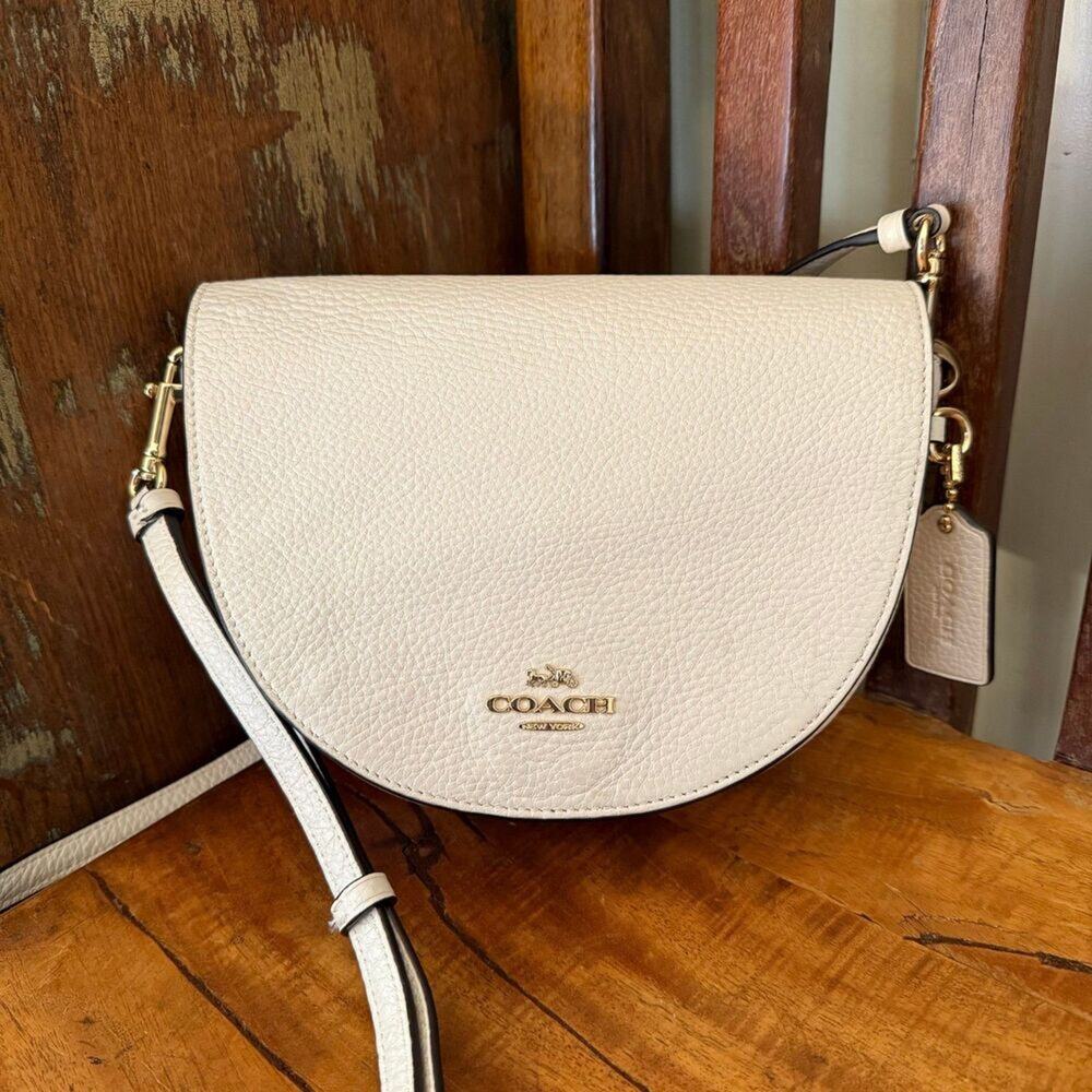 Coach Pebbled Leather Half Moon Saddle Crossbody Bag Chalk Cream Gold Hardware
